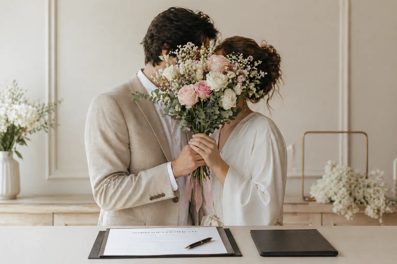 A couple hiding faces behind a bouquet during an intimate private marriage ceremony.