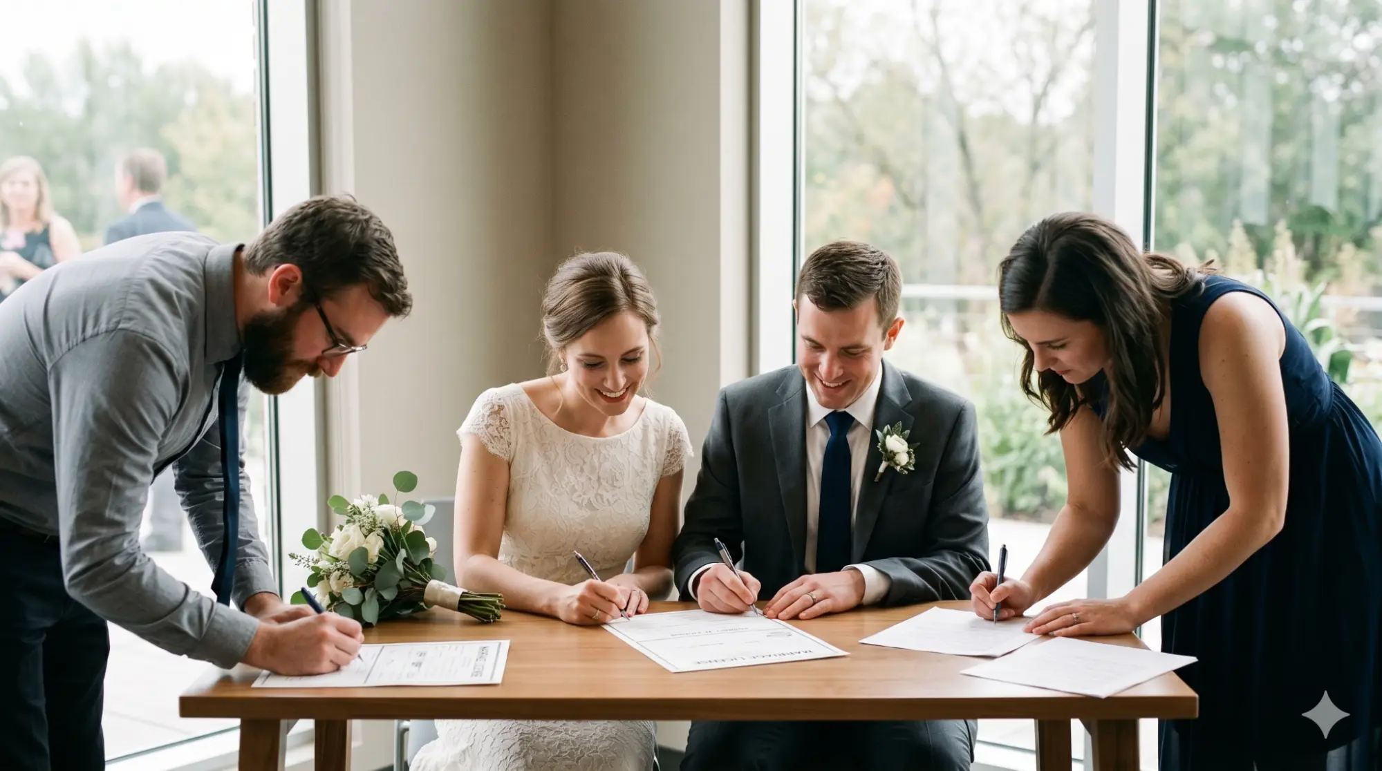 Couple and witnesses signing the marriage license at the ceremony table.