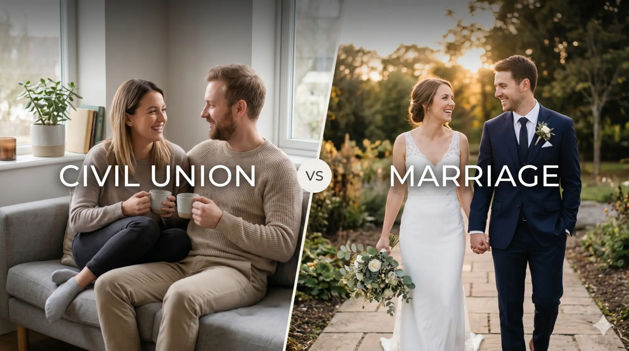 Split comparison of civil union vs marriage, showing casual couple and wedding couple.