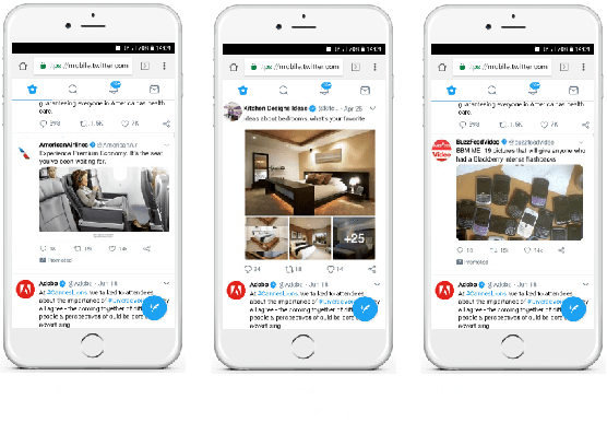 Three mobile phones displaying Twitter feeds.