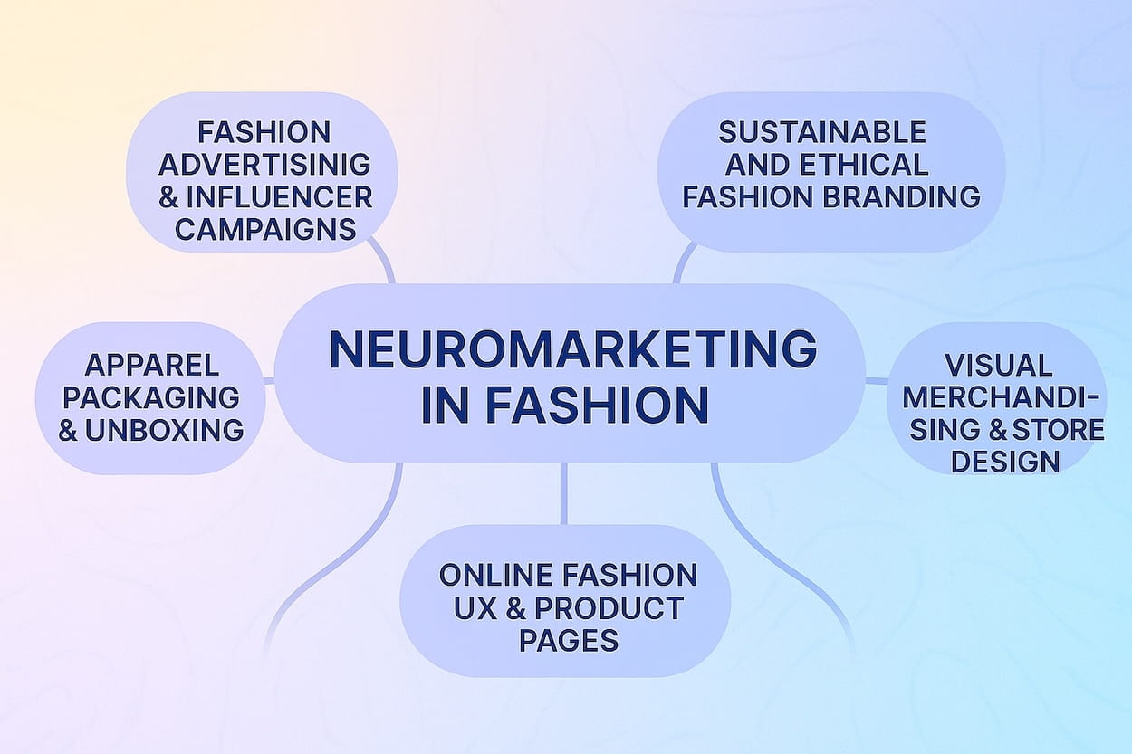 Mind map of neuromarketing applications in fashion, including advertising, branding, store design, UX, and packaging. 