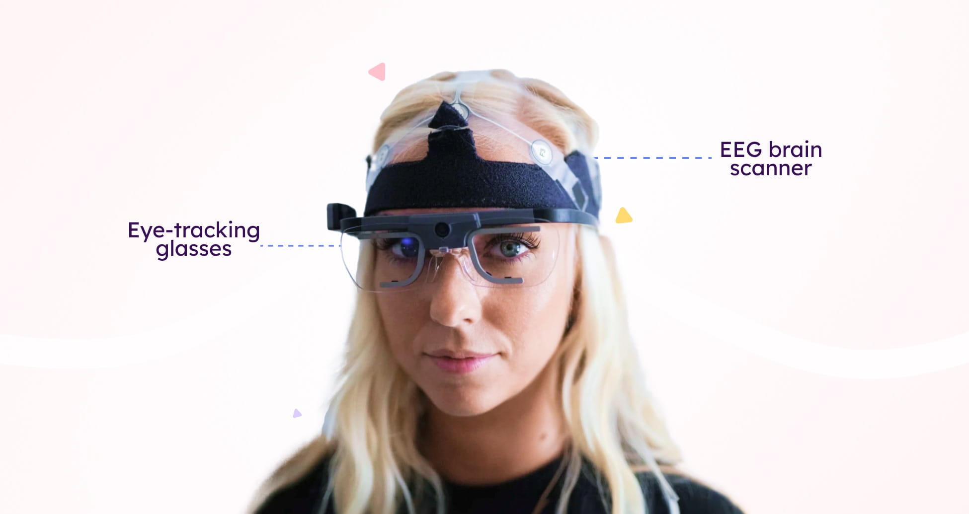 Woman wearing EEG brain scanner headband and eye-tracking glasses for neurological and visual monitoring.