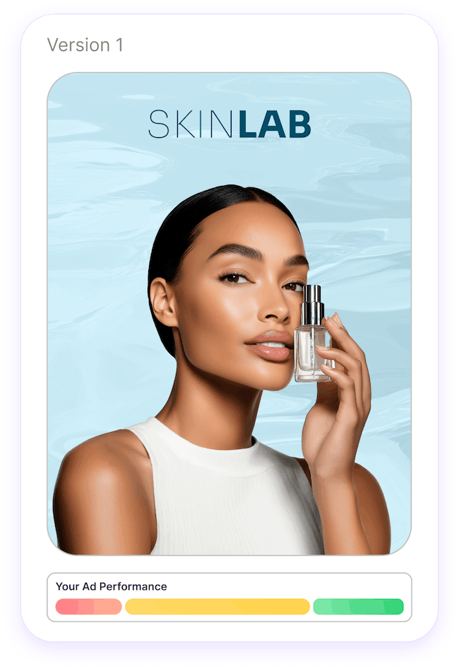 Woman with smooth skin holding a small clear skincare serum bottle against a light blue background with the SKINLAB logo above.