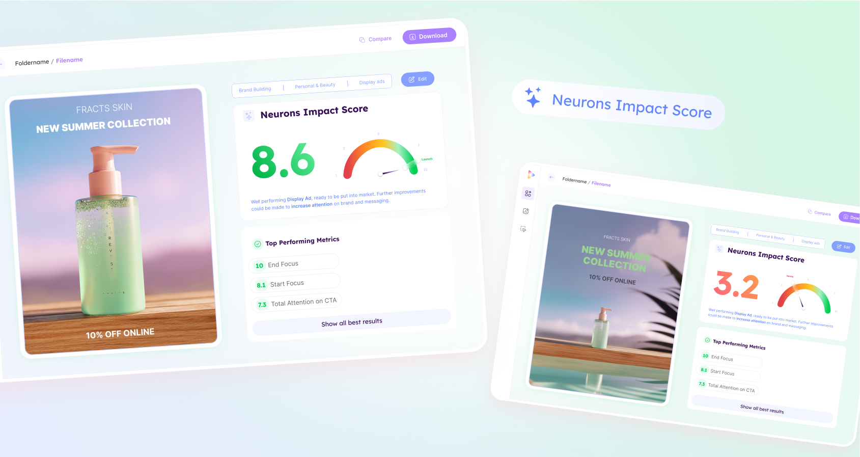 The Neurons Impact Score shown on the picture speeds up the creative process by offering instant creative testing during ad creation workflows.