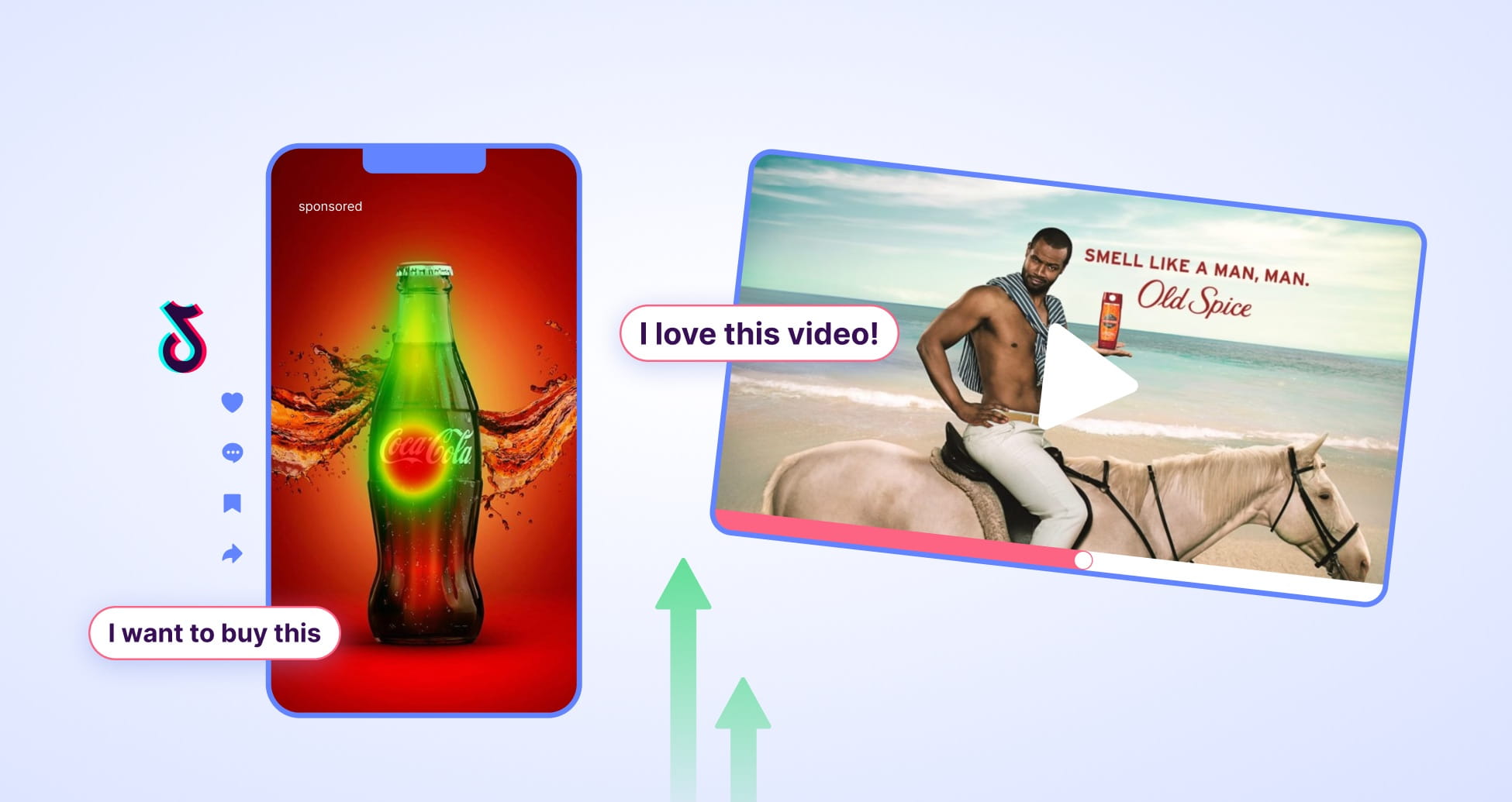 Mobile phone screen showing a Coca-Cola bottle ad on TikTok with icons for liking, commenting, saving, and sharing, alongside a video thumbnail of a man on a white horse with Old Spice branding and comments saying 'I want to buy this' and 'I love this video!'