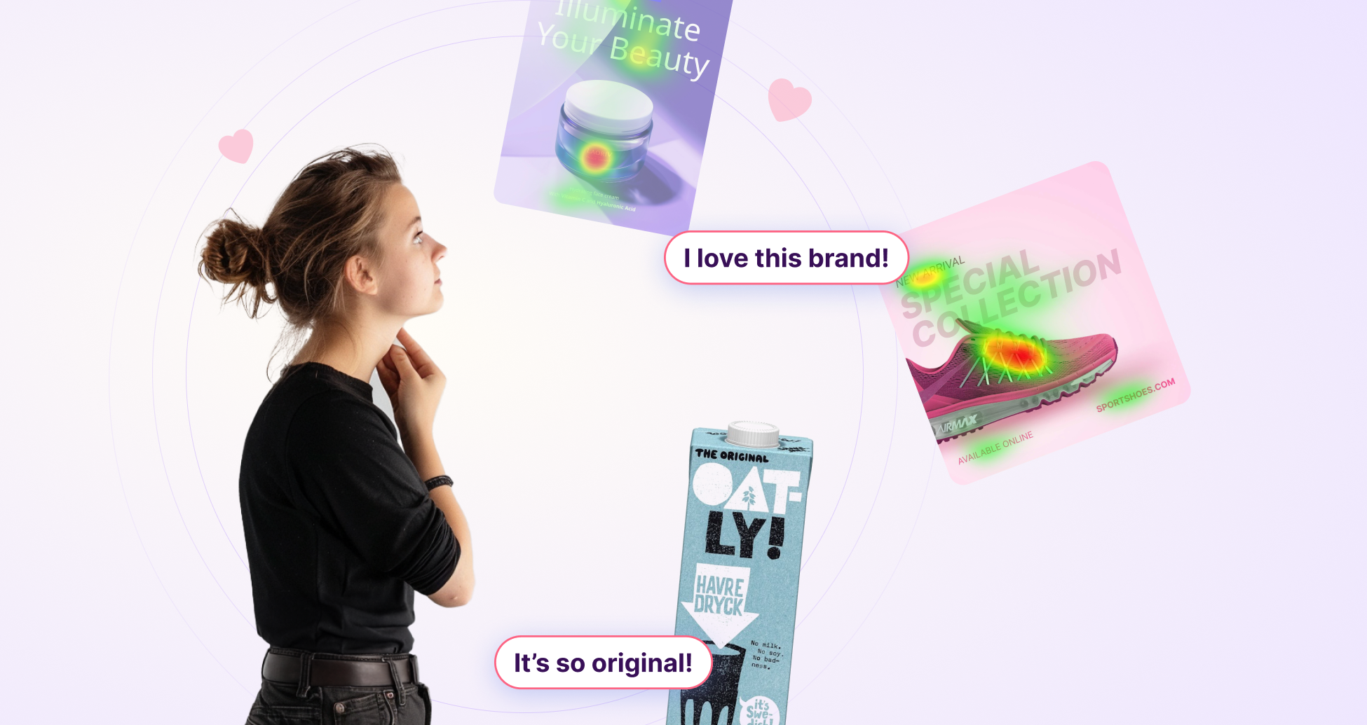 A woman looking at ads and packaging design with strong branding elements, clearly connecting with the brands.
