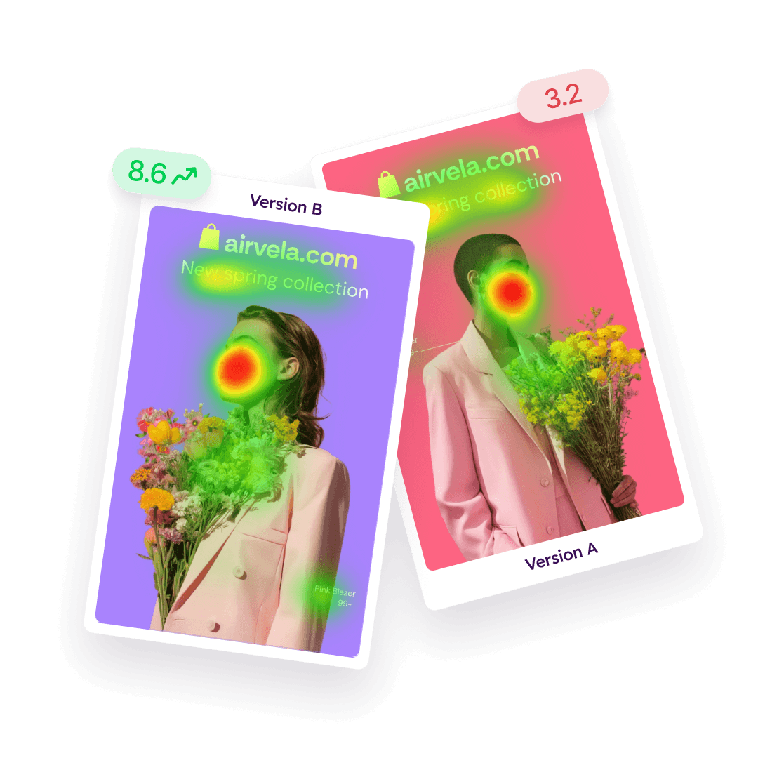 Heatmap on two fashion advertisement versions showing focus on models' faces and product text for airvela.com spring collection.