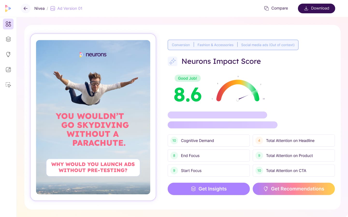 User interface displaying attention heatmap analysis of an ad, highlighting focus areas on headline text and a person holding flowers, with summary statistics on attention distribution.
