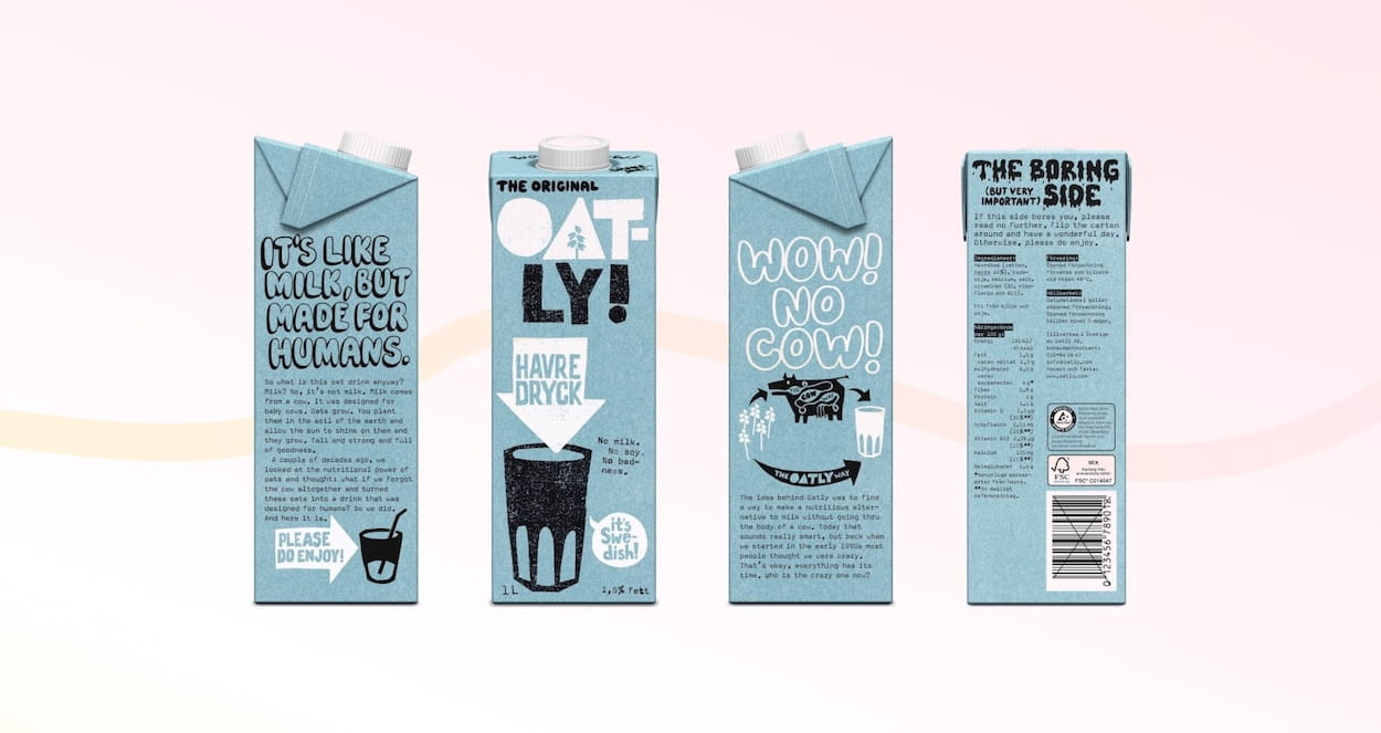 Four views of blue Oatly oat milk carton with text, graphics, and nutritional info on a light background.
