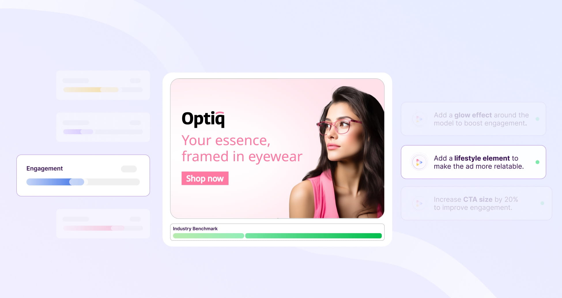 Advertisement showing a woman in glasses with text: Optiq Your essence, framed in eyewear Shop now.
