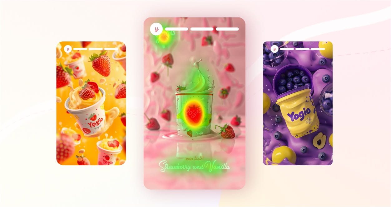 Three Yogio yogurt ads with strawberries, green and yellow cups, and heatmap highlights on the center ad.