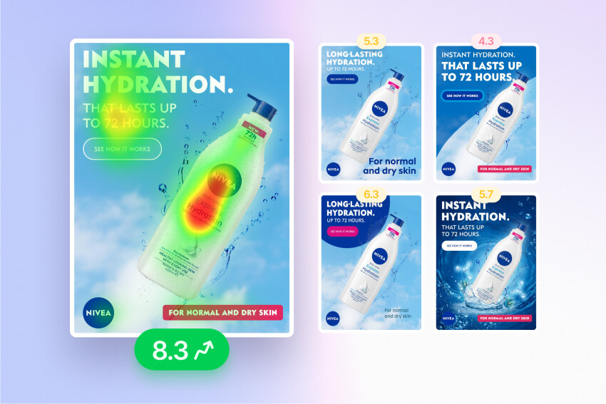 A primary image of a NIVEA lotion bottle tilted with water droplets and a bright sky background, overlaid with text 'Instant Hydration That Lasts Up To 72 Hours' and a 'See How It Works' button, plus four smaller images of similar NIVEA lotion bottles with variations of 'Long-Lasting Hydration Up To 72 Hours' or 'Instant Hydration That Lasts Up To 72 Hours' on different backgrounds, all labeled for normal and dry skin. Each smaller image has a rating badge from 4.3 to 6.3 and the main image shows a rating of 8.3.