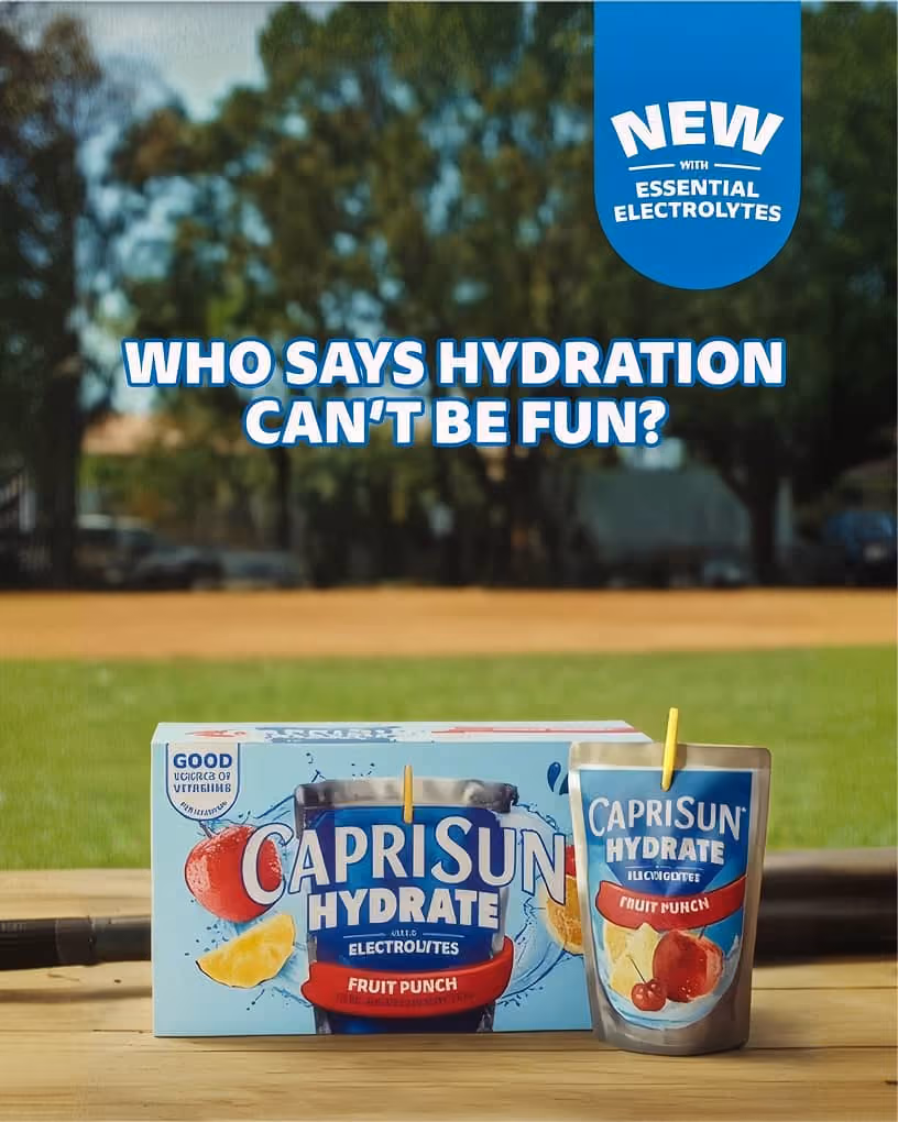 Capri Sun Hydrate Fruit Punch beverage pouch and its box are displayed on a wooden surface outdoors with a grassy field and trees in the background, above them the text reads "Who says hydration can't be fun?" and a blue label says "New with essential electrolytes."