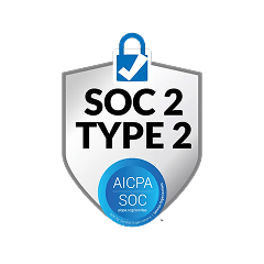 Shield emblem with text SOC 2 TYPE 2 and a blue circular badge below reading AICPA SOC System and Organization Controls.