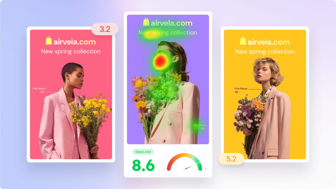 Three ad creatives scored with attention heatmaps