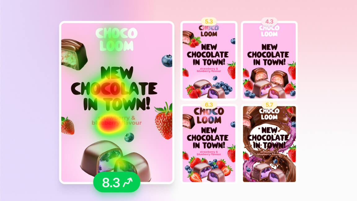 Three ad creatives scored with attention heatmaps