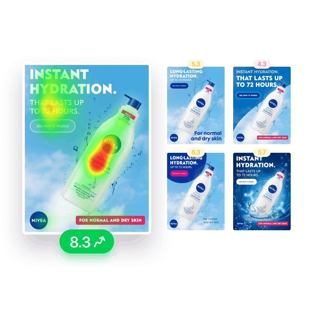 Five Nivea lotion ads showing different designs; the largest with a green lotion bottle labeled 'Instant Hydration that lasts up to 72 hours' and a button reading 'See how it works'; smaller ads feature a white and blue lotion bottle with similar hydration claims for normal and dry skin, each with varying layout and text emphasis.