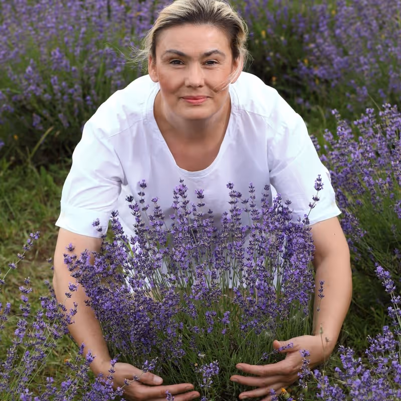 Helena Neumannová objímající lebanduli - majitelk Ubytování v maringotce v levandulovém údolí