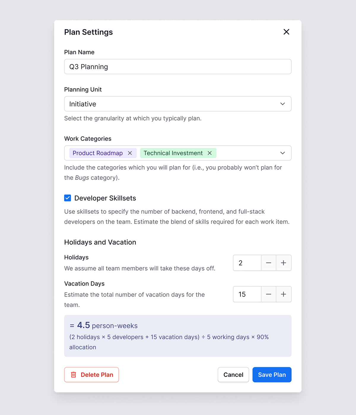 Capacity Planner settings modal