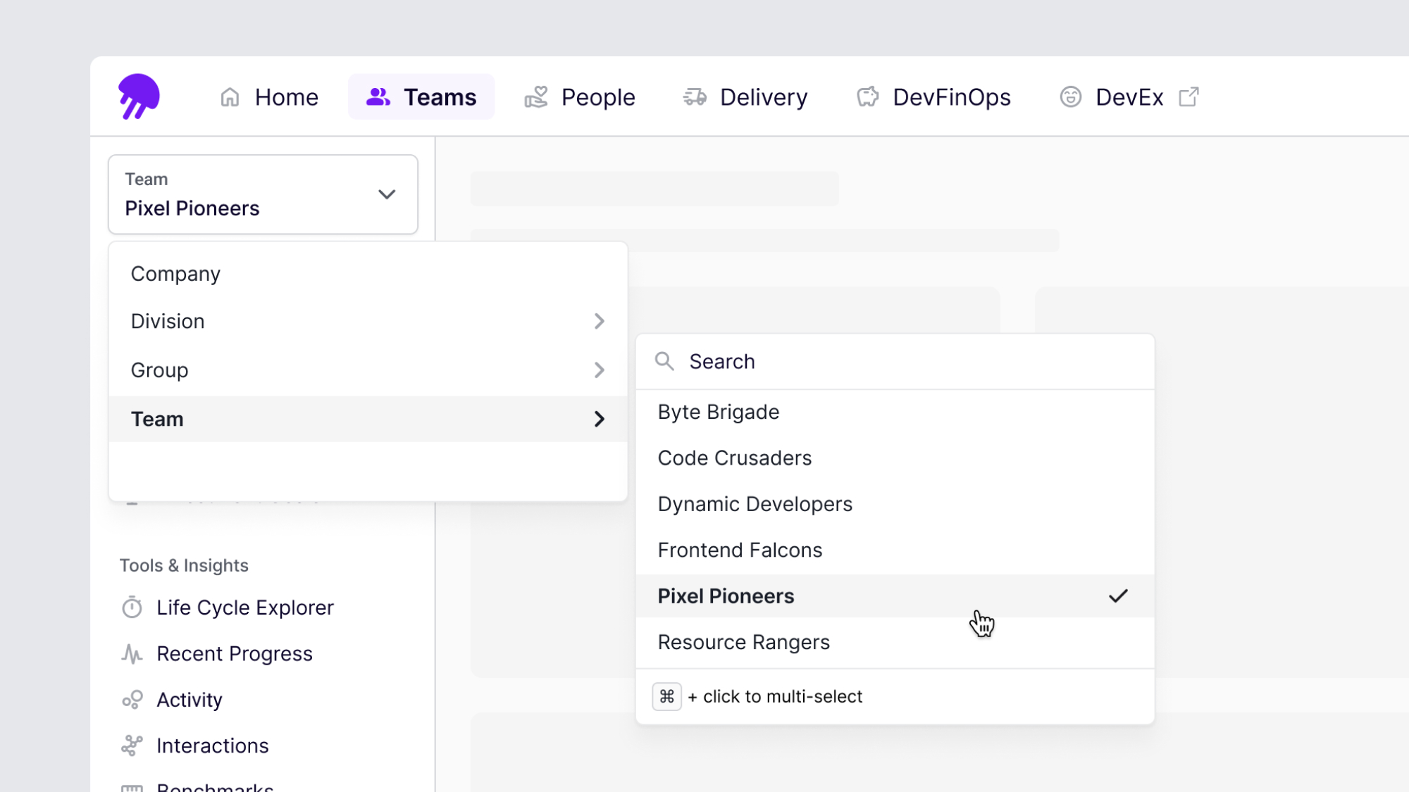 Team picker in secondary nav