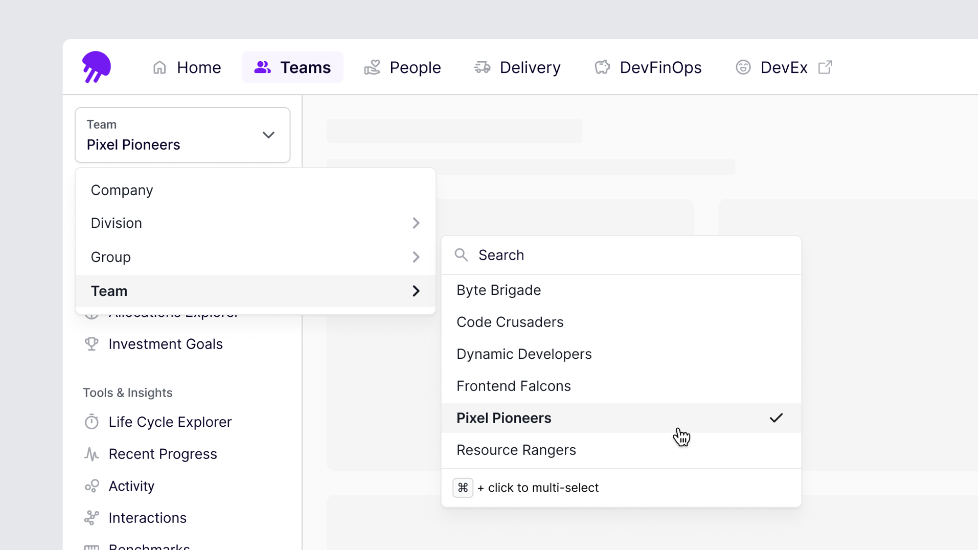 Team picker in secondary nav