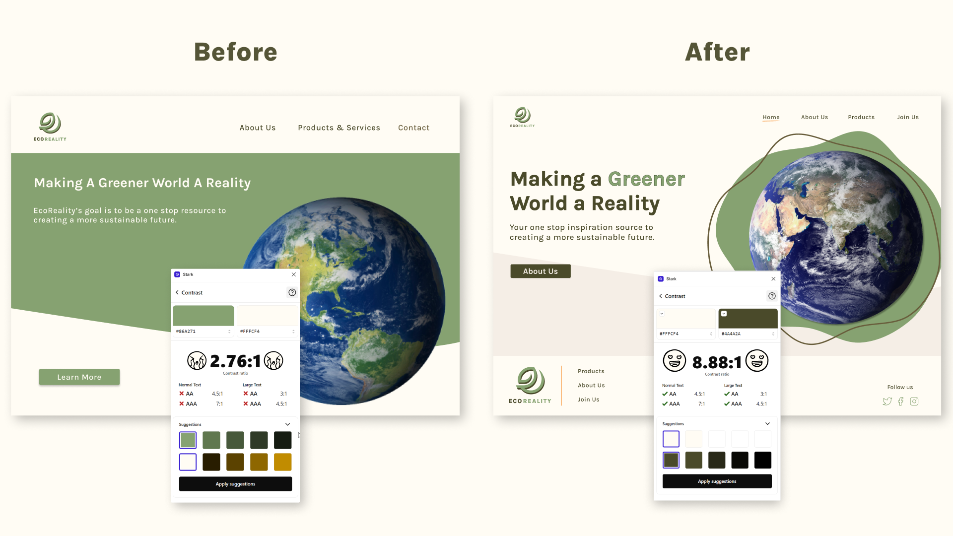 iterations of the homepage for EcoReality after testing for color contrast
