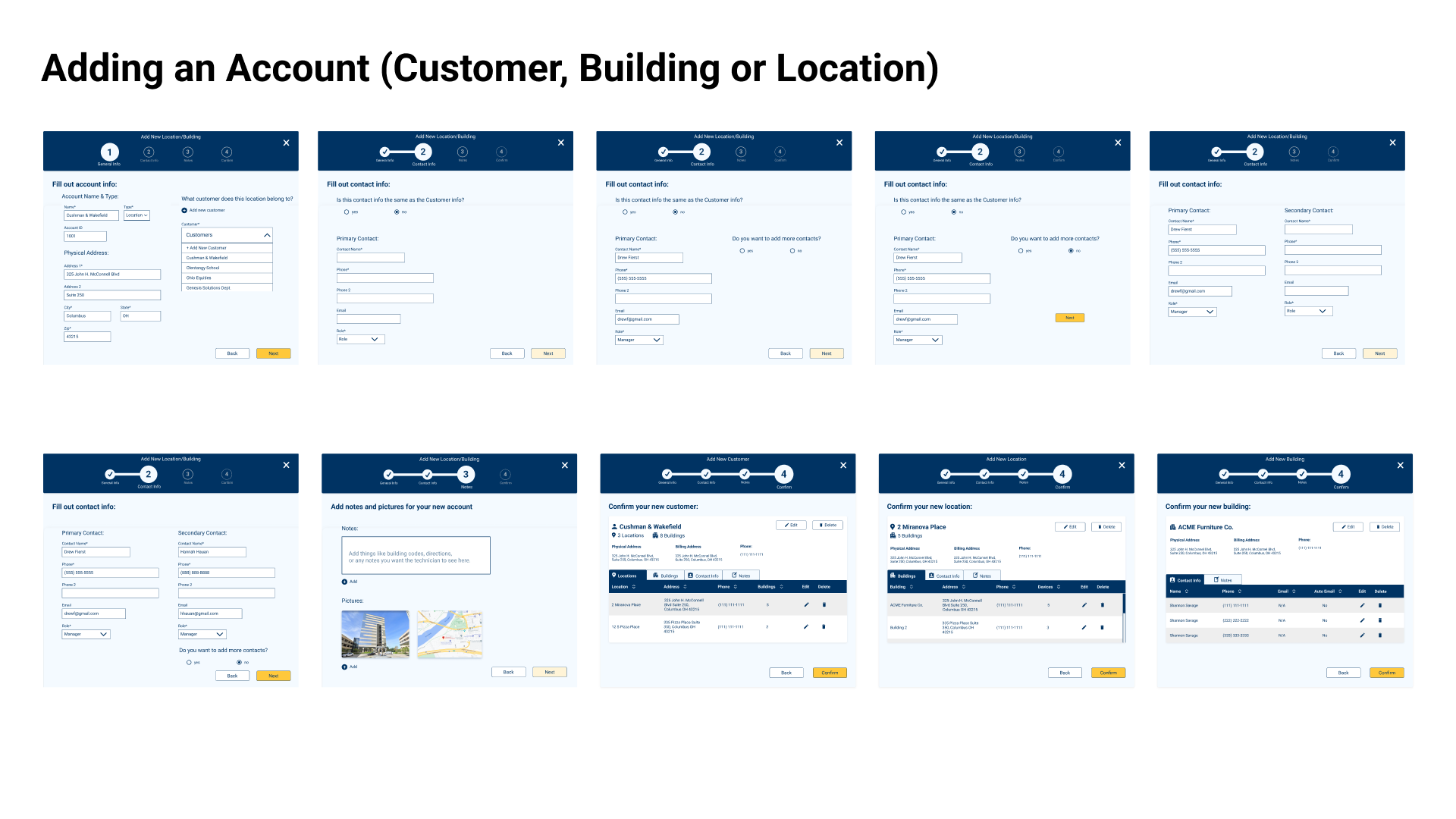 Modal window mockups for adding an account (customer, building or location) to the application.