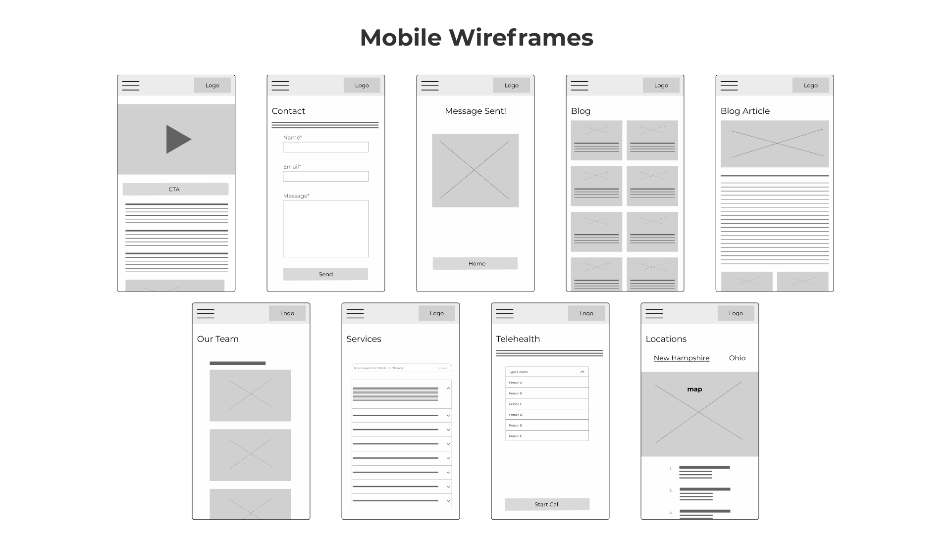 digital wireframes of the mobile version of the Anew Behavioral Health web application