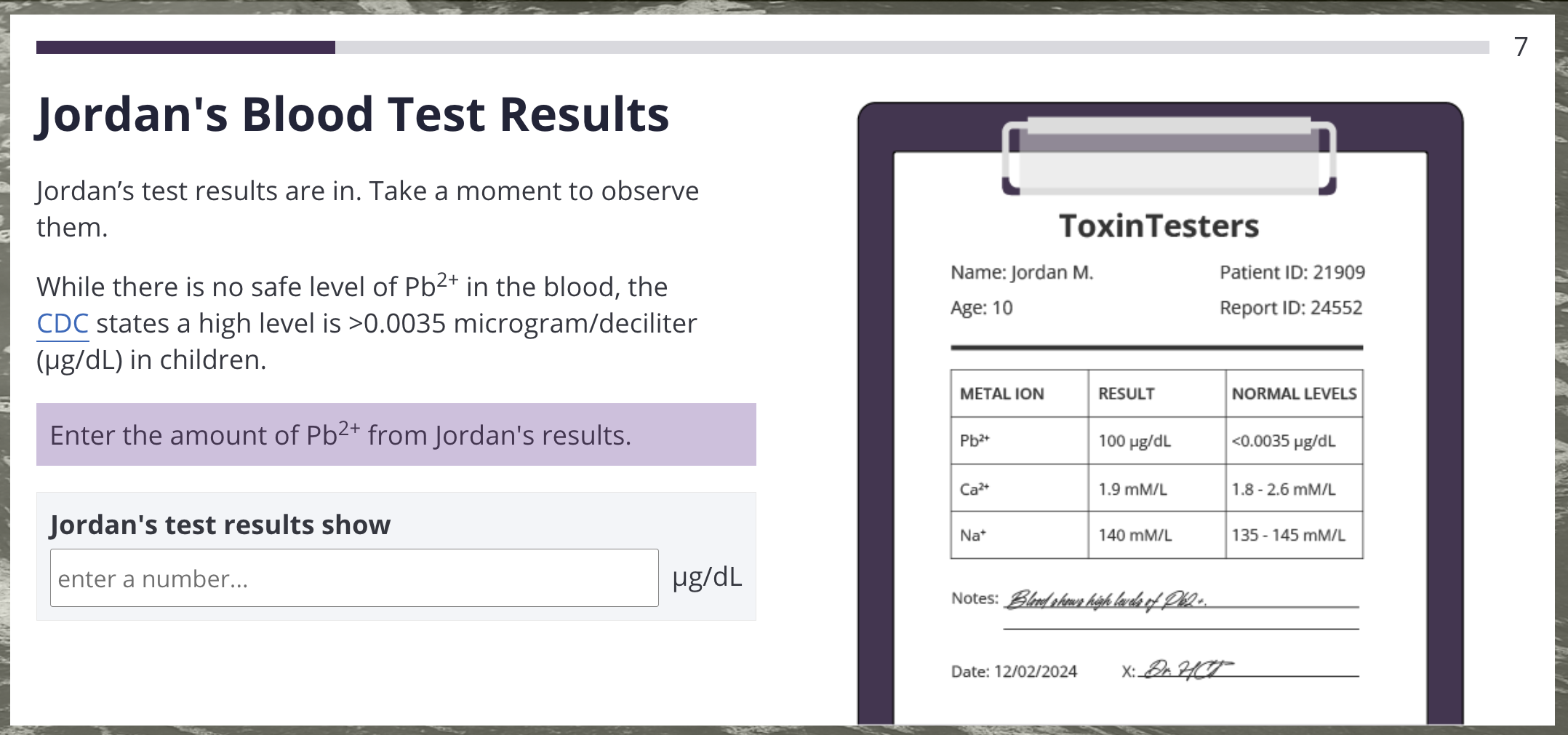 a screenshot of the unit 2 exploration displaying a clipboard and toxic levels of lead for a patient