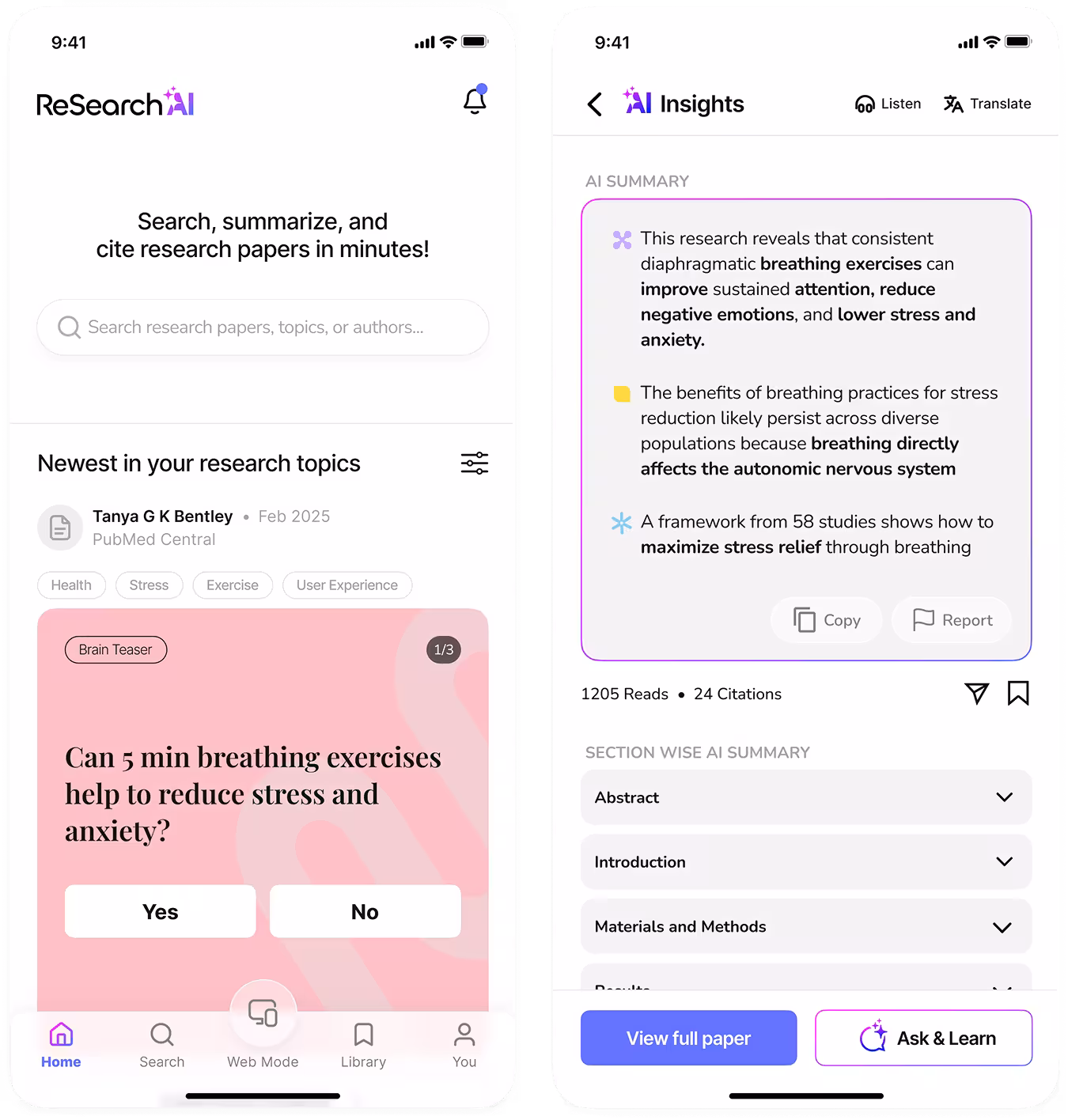 ReSearch AI app page designs