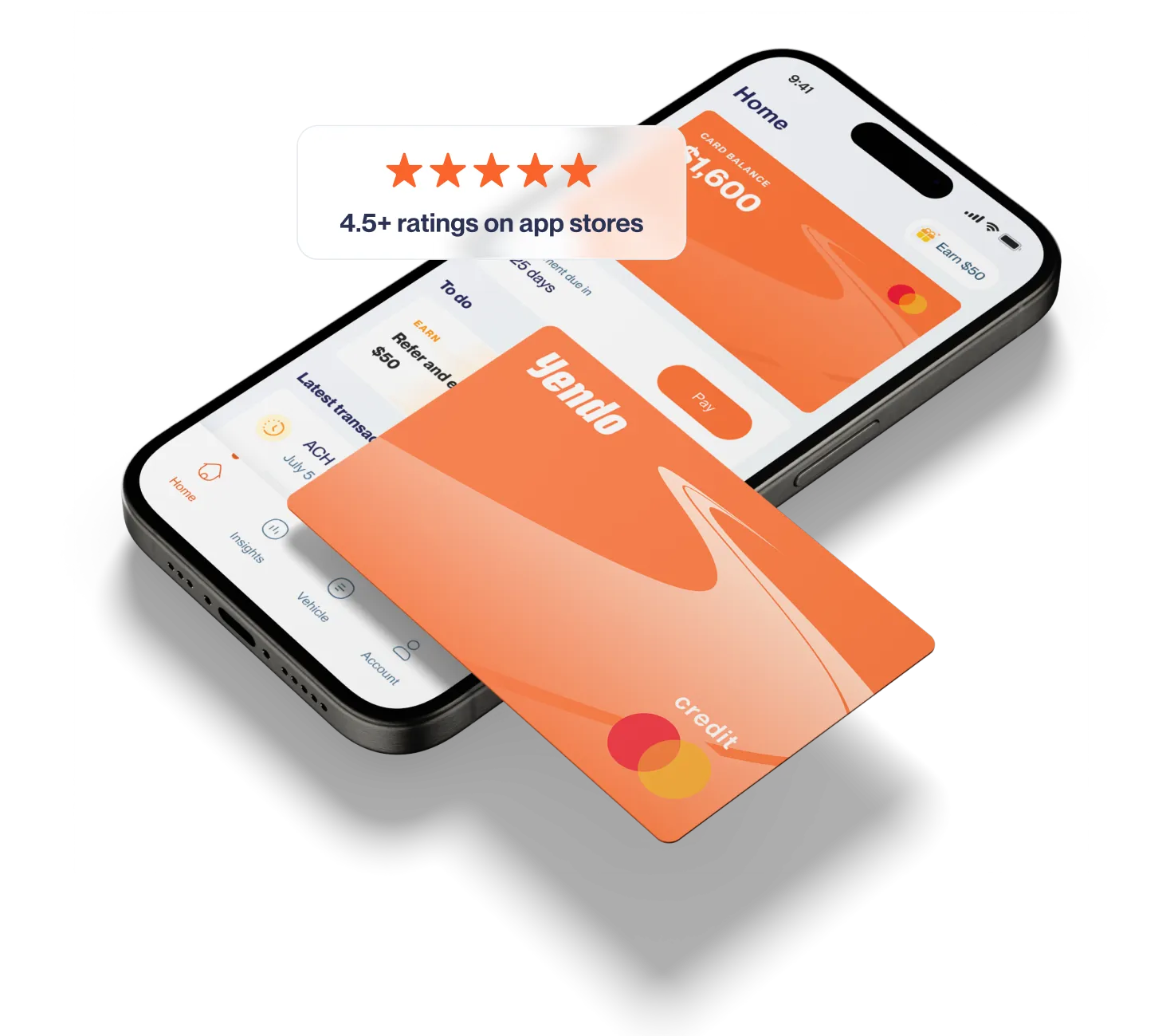 Yendo credit card and mobile phone showing Yendo app screen with app store rating.