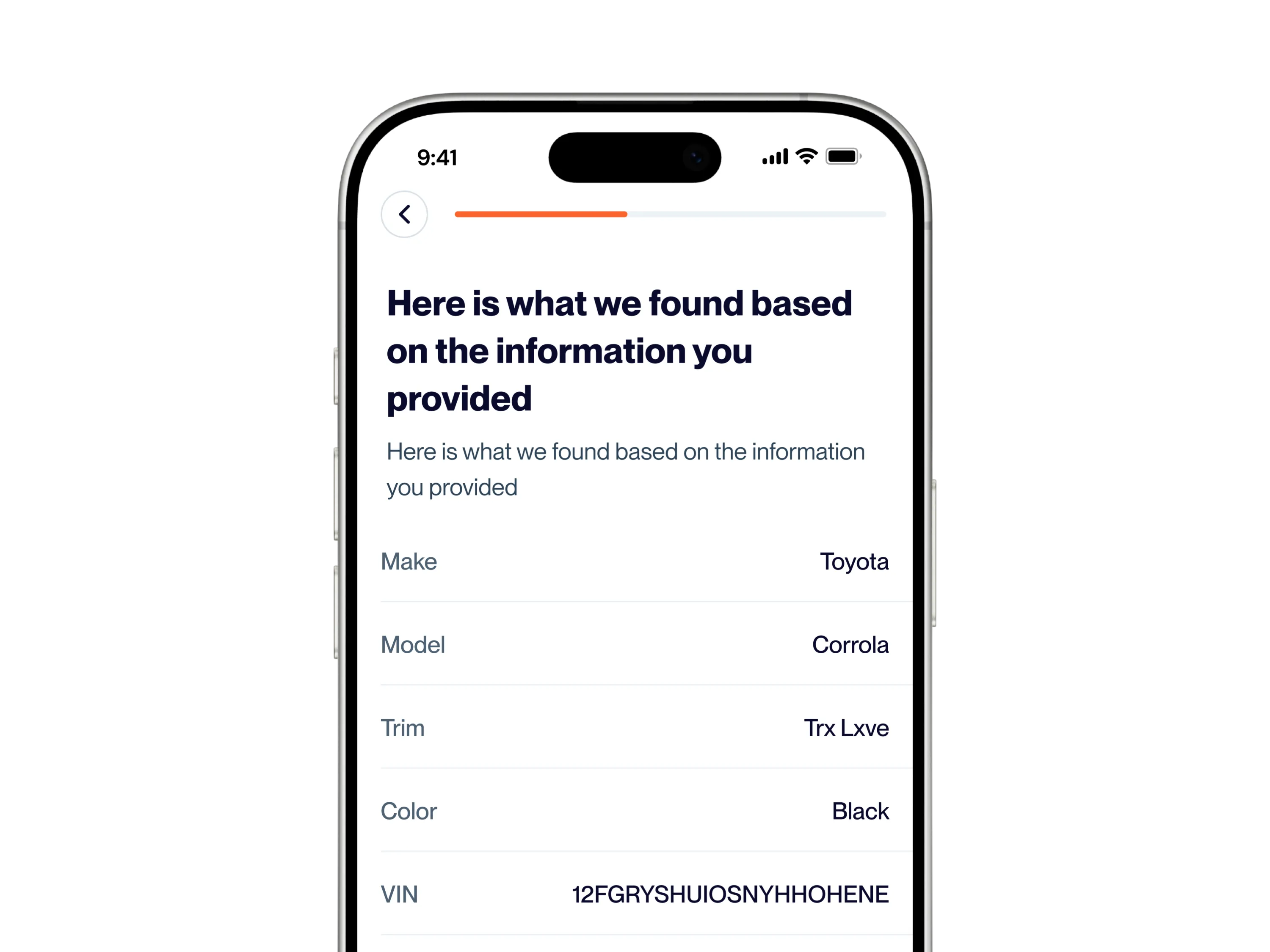 Yendo app screen verifying vehicle information.