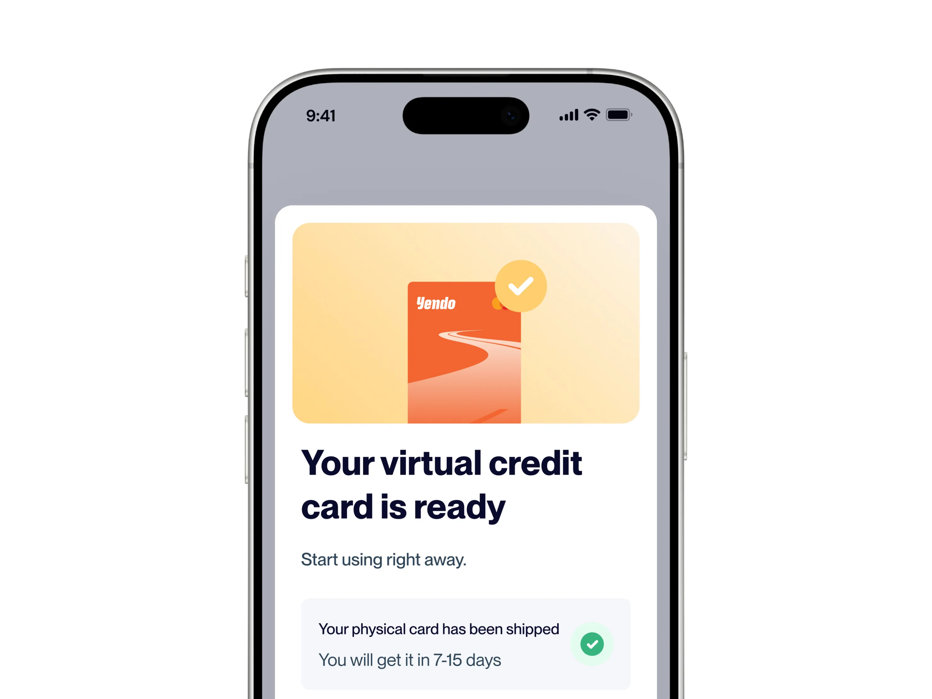 Yendo app screen showing virtual credit card is ready to use.