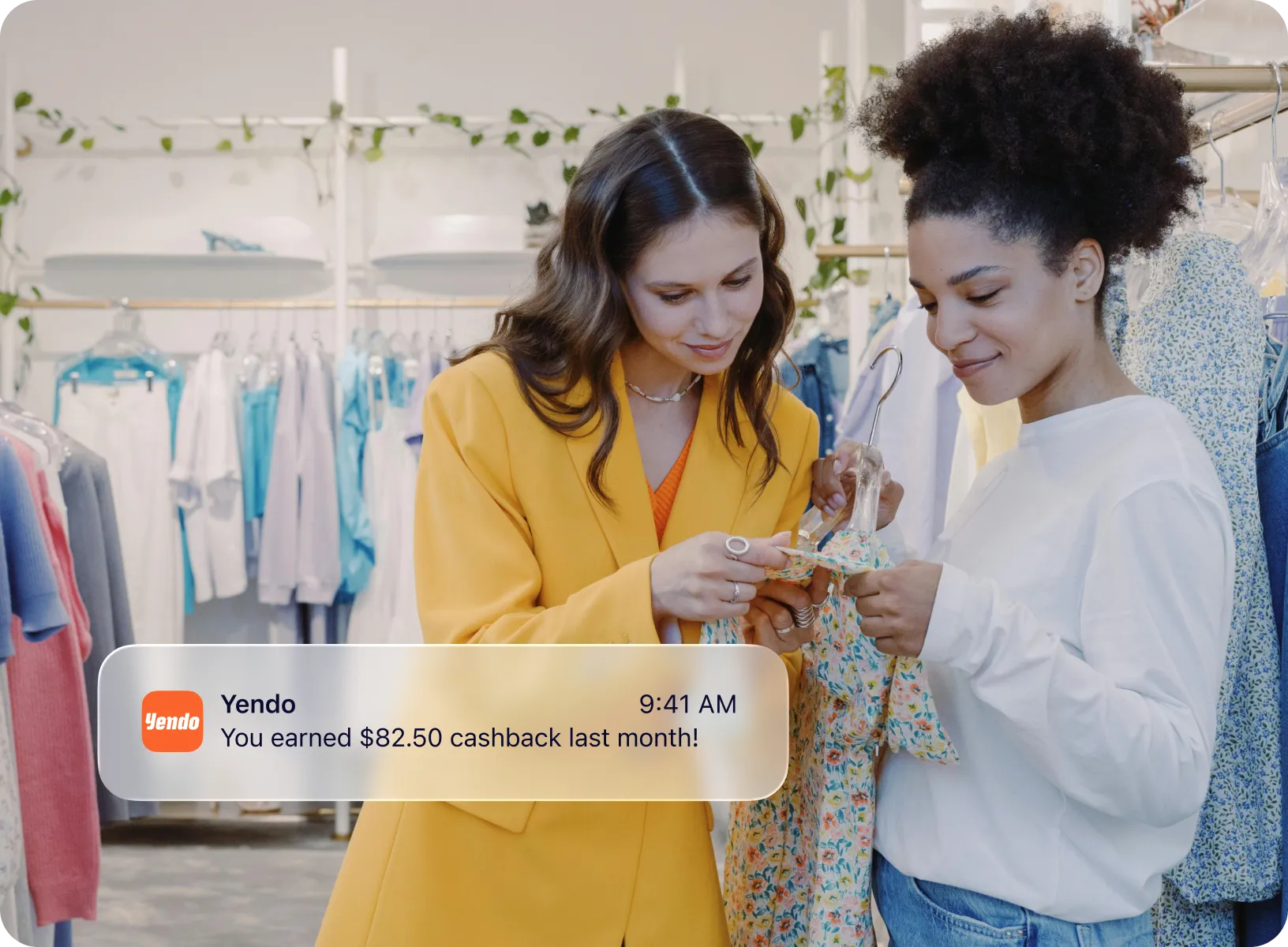 Two women shopping together, examining a floral dress on a hanger, with a cashback notification from Yendo showing $82.50 earned last month.