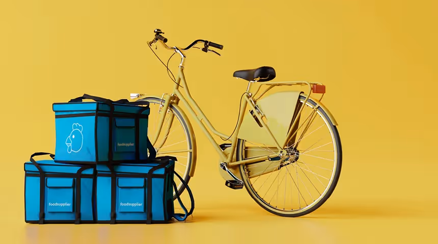 food delivery bags and yellow bicycle.