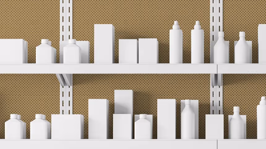 blank bottles on pharmacy shelves.