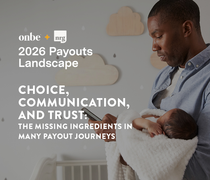Father holding a sleeping baby while checking his phone, with the title Choice, Communication, and Trust: The Missing Ingredients in Many Payout Journeys
