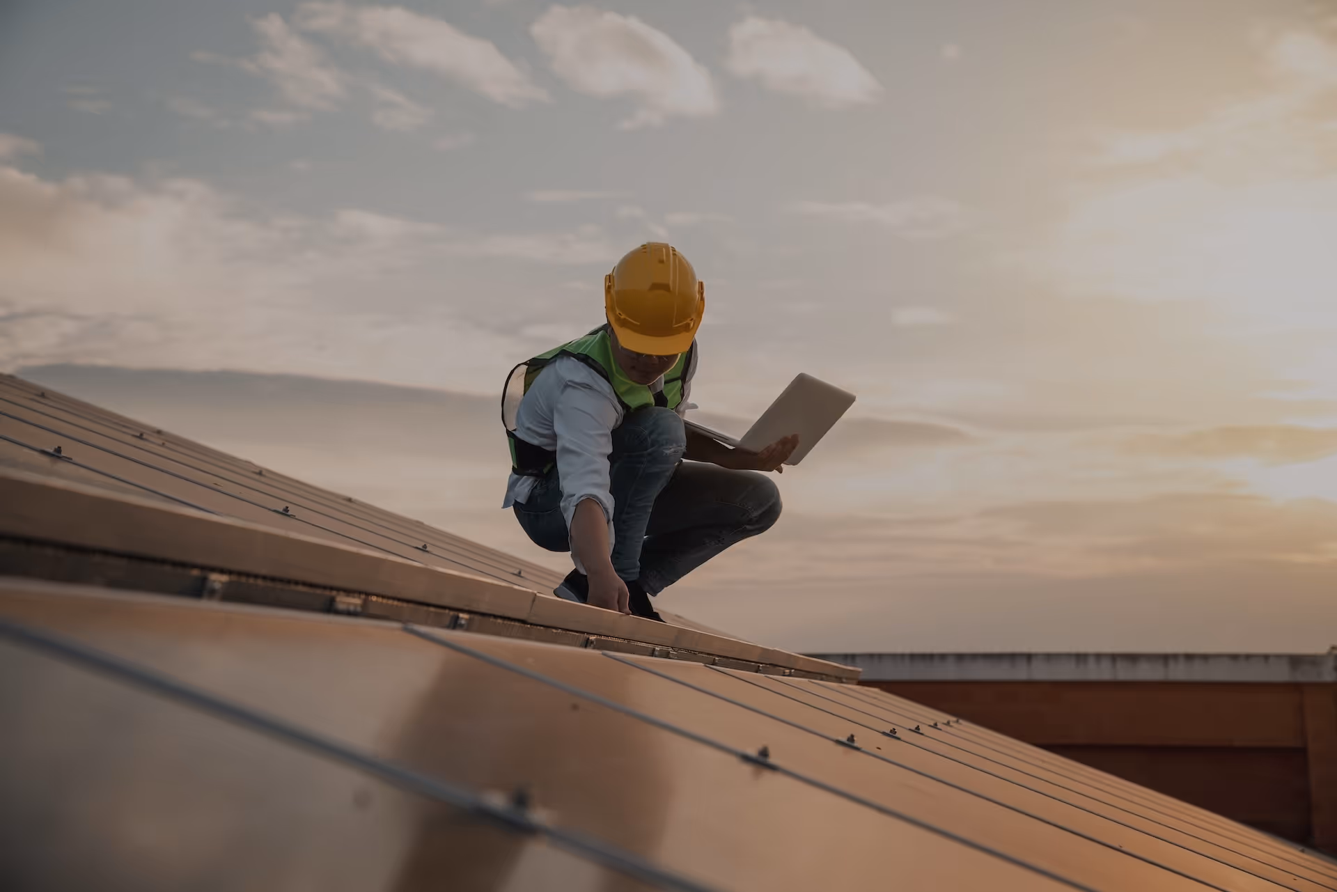 worker checking a solar panel.