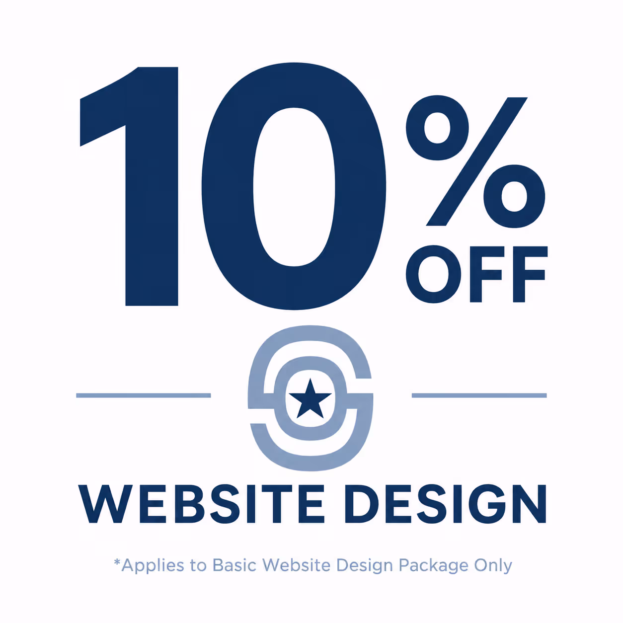 10% off website design with basic package only, featuring a logo with a star in the center.