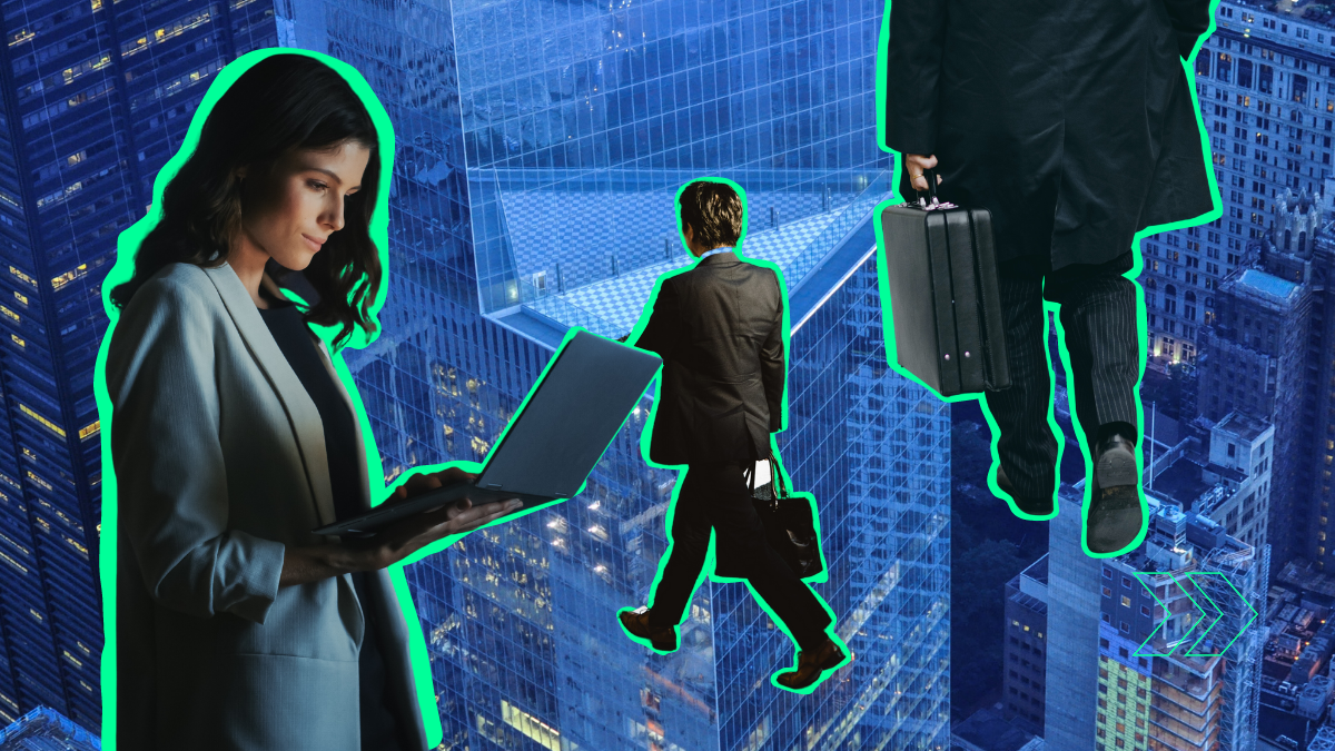Three corporate employees highlighted in green in front of a background of corporate skyscrapers