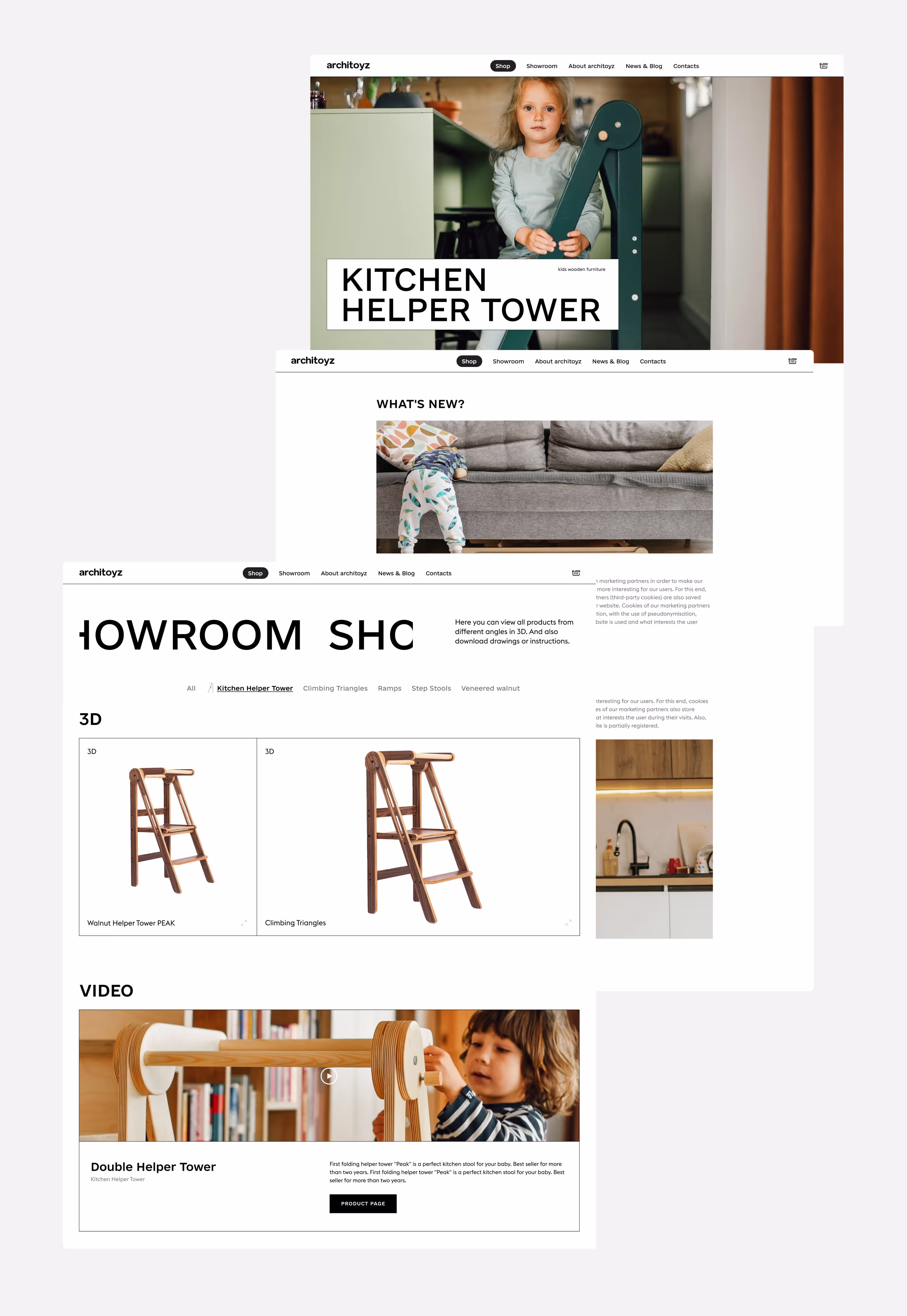 Architoyz pages: kitchen helper tower hero, what's new and the 3D and video showroom