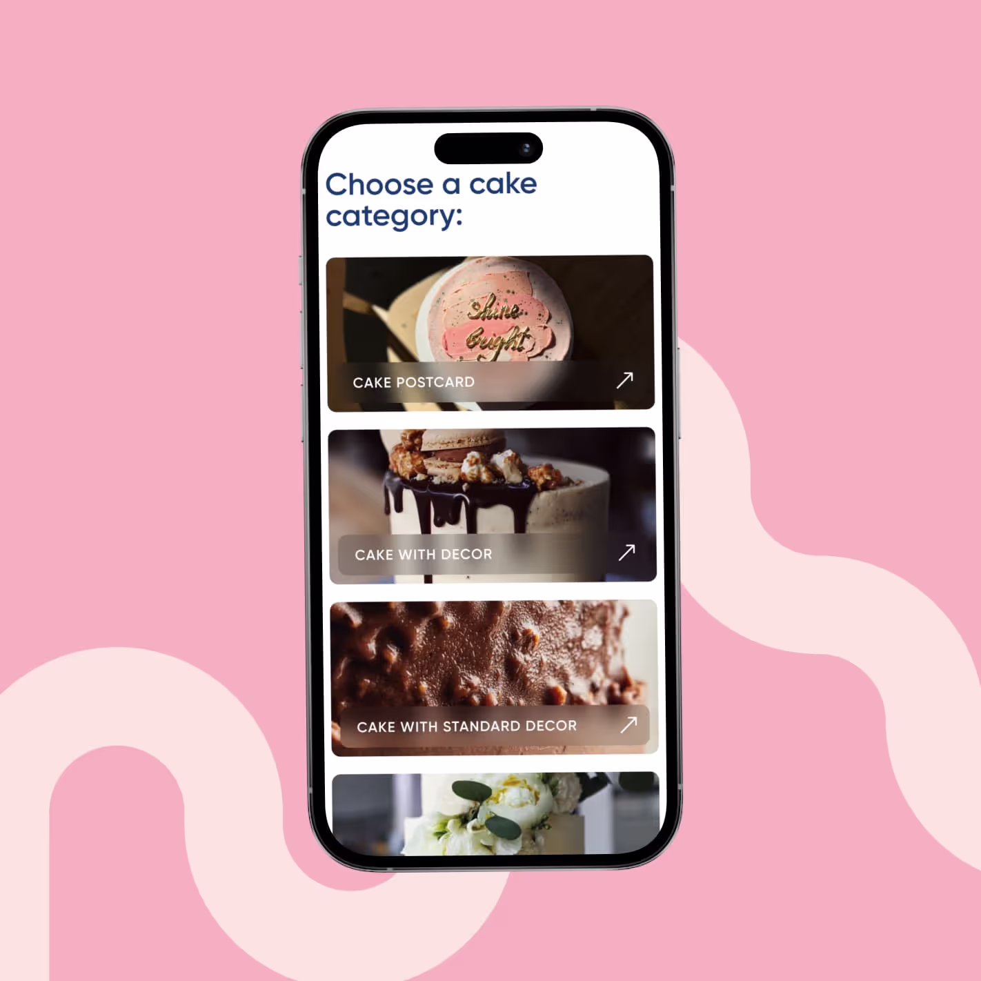 Choosing a cake category on mobile: postcard, decorated and standard cakes