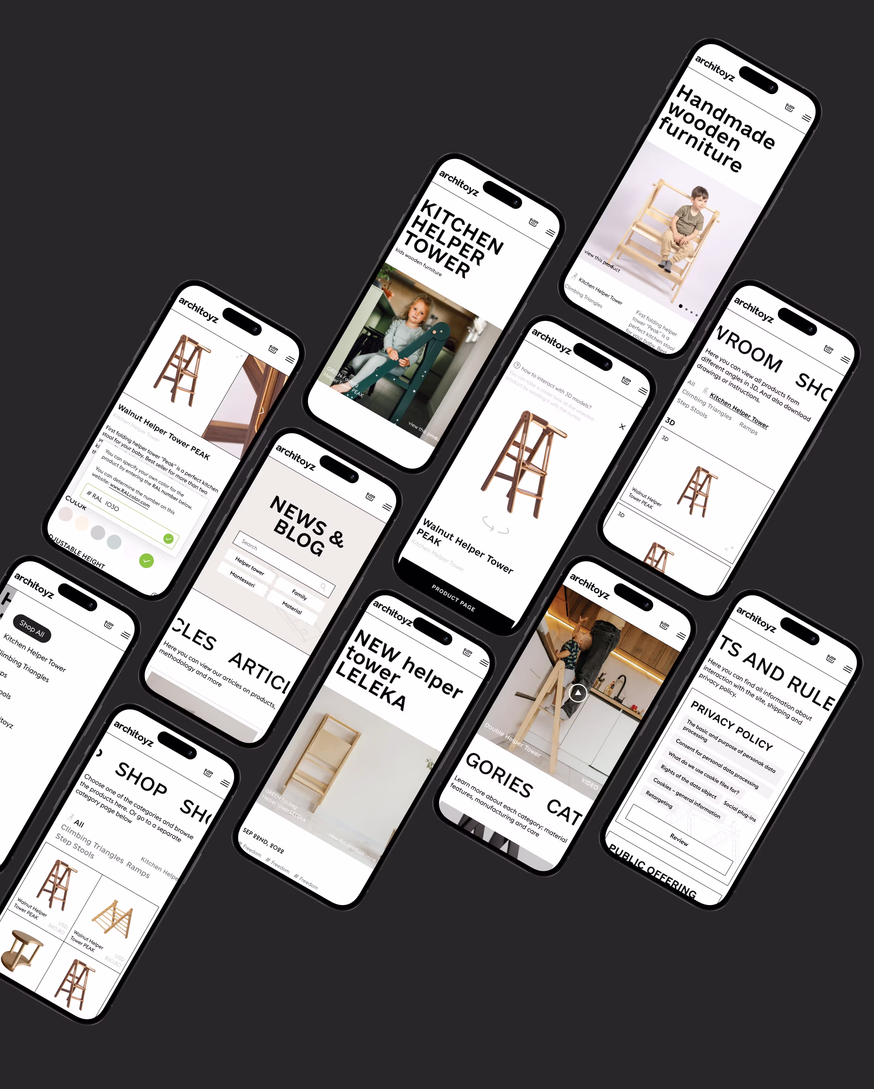 Architoyz mobile pages: shop, product cards, showroom, blog and terms