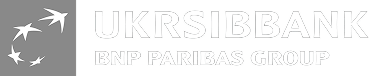 UKRSIBBANK logo with BNP Paribas Group text and four white star shapes on a gray background.
