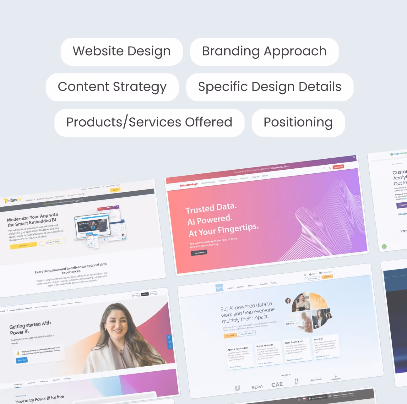 Competitor research: analysed criteria above screenshots of BI and analytics company websites