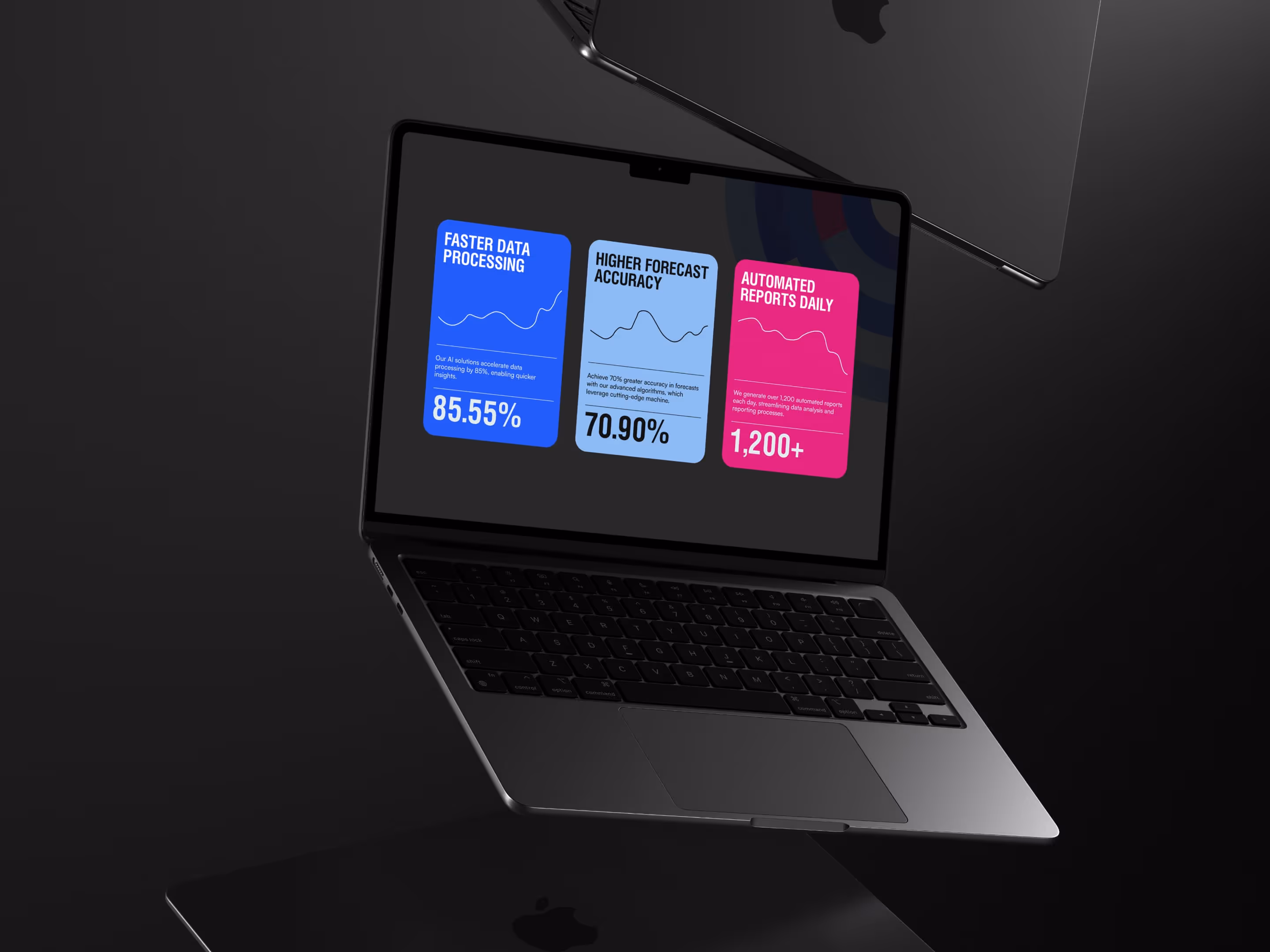 AnalystPro slide on a laptop with three metric cards: faster processing, forecast accuracy and automated reports