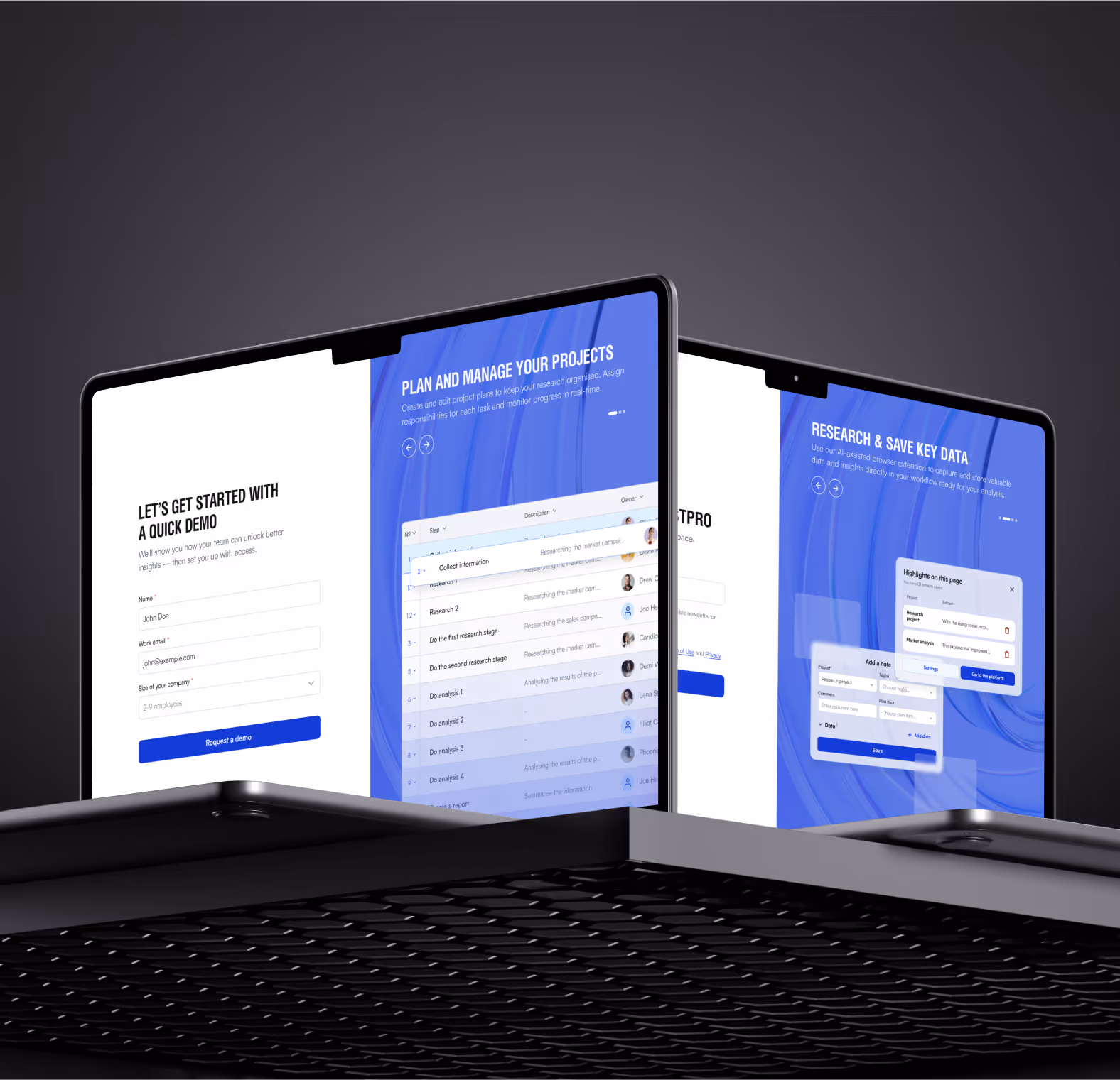 Екрани запиту демо й онбордингу AnalystPro на двох ноутбуках