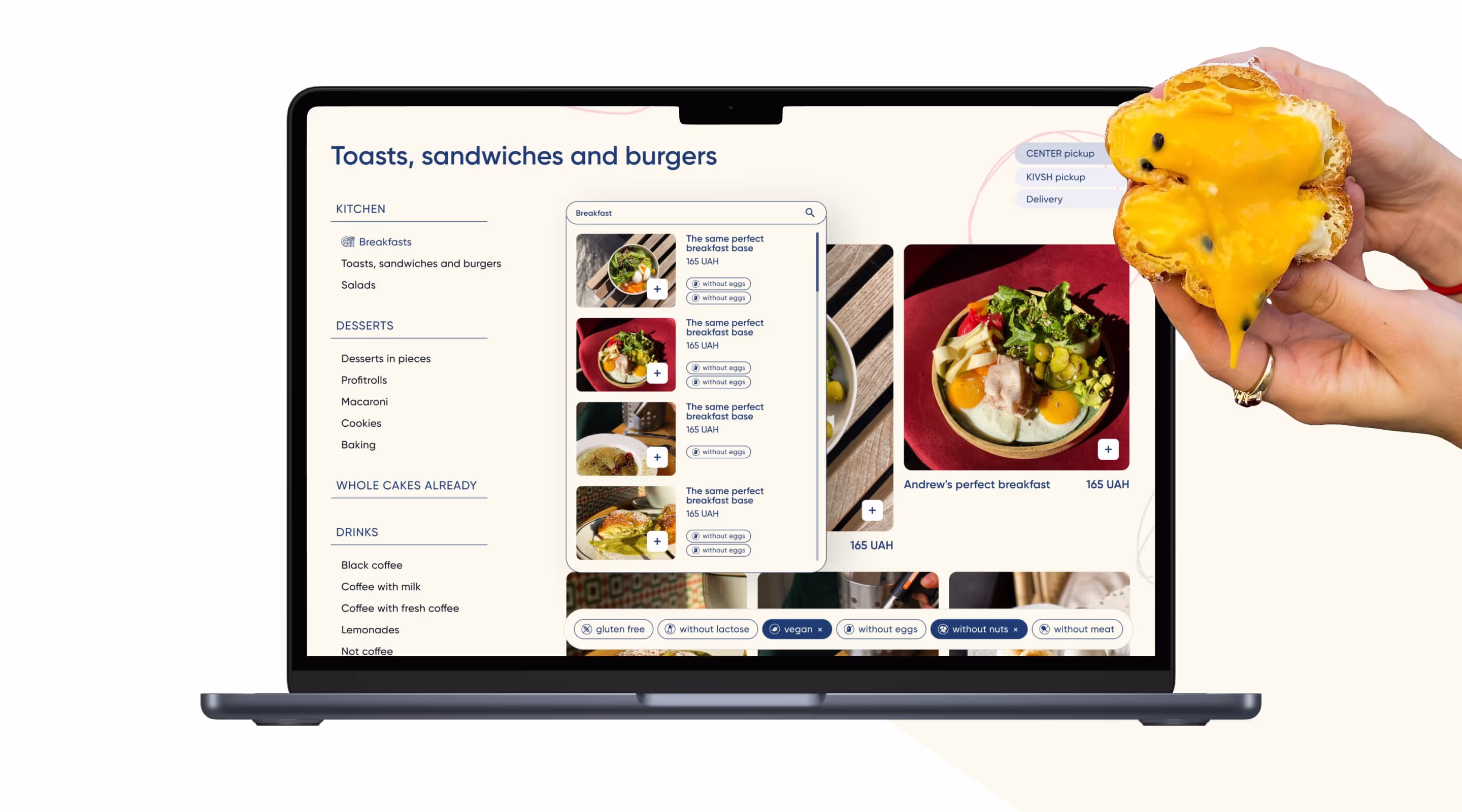 Cheese Bakery menu on a laptop: categories, search and dietary filters