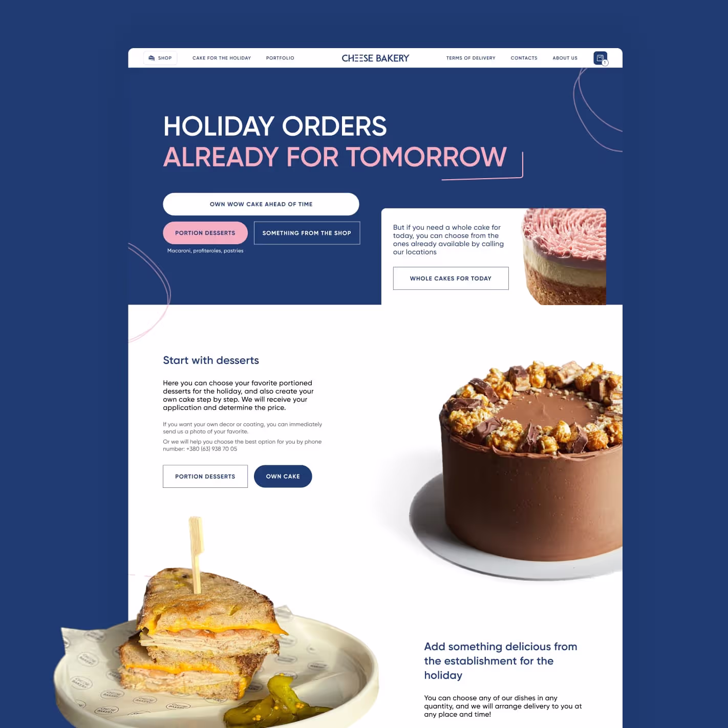 Cheese Bakery homepage: holiday orders, desserts and dishes from the menu