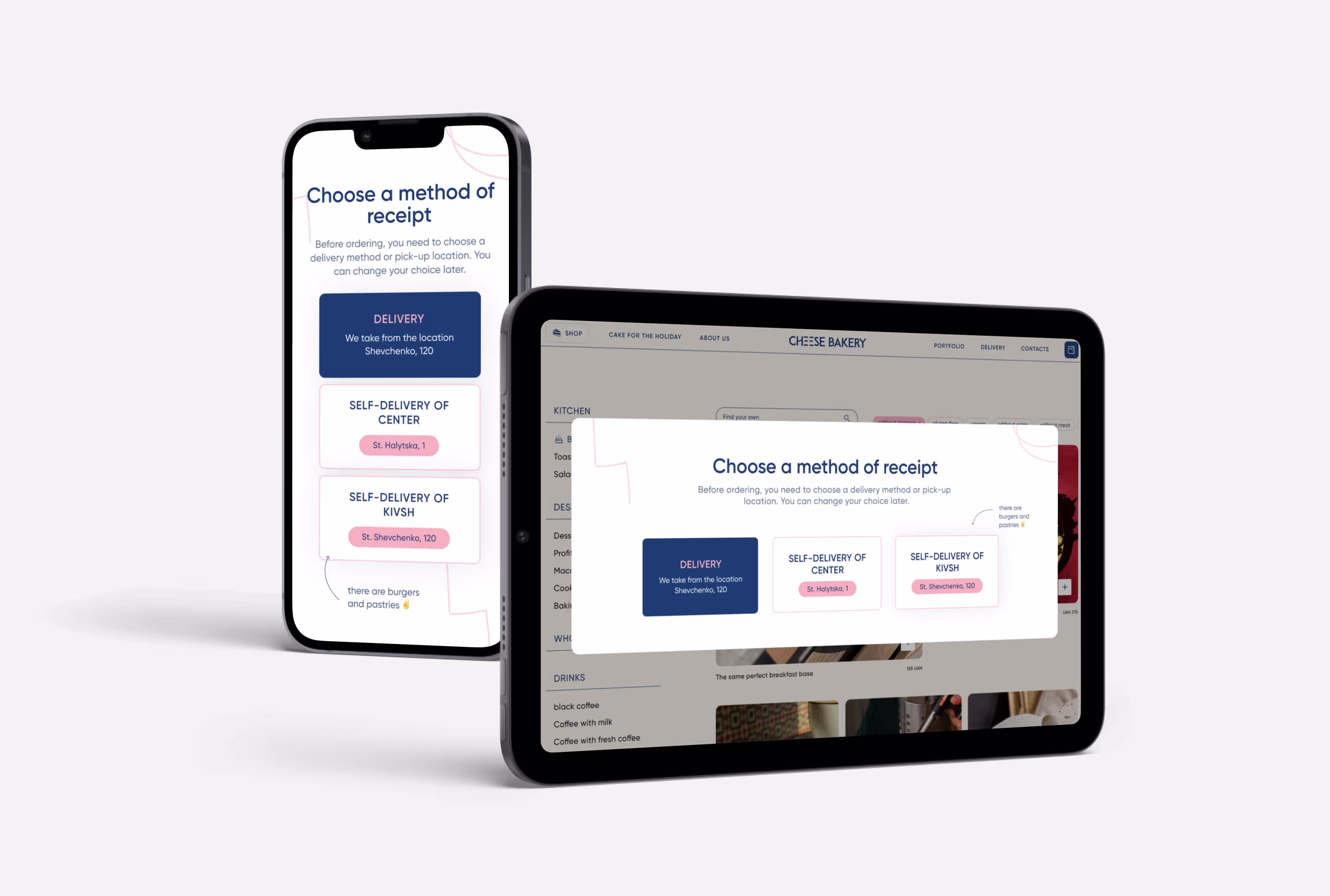 Choosing delivery or pickup from one of two locations, on a phone and a tablet